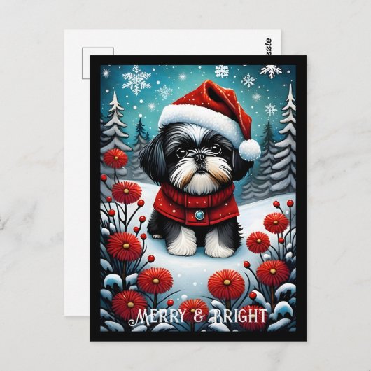 シーズー（犬）ズスノーウィーフラワーメドウサンタドグクリスマス ポストカード (正面/裏面)