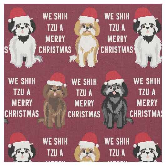 シーズー（犬）ズーのおもしろいかわいいクリスマス ファブリック (クローズアップ)