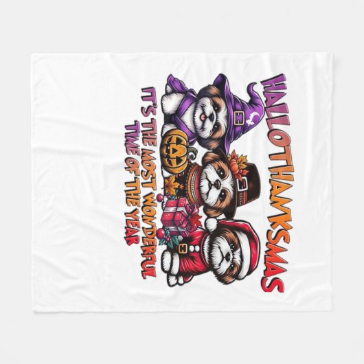 シーズー(犬)チュ・ハロウィンサンクスギビングクラシッククリスマス フリースブランケット (正面(横))