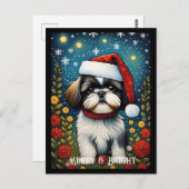 シーズー(犬)ツカラフルフラワーサンタドッグクリスマス ポストカード (正面/裏面)