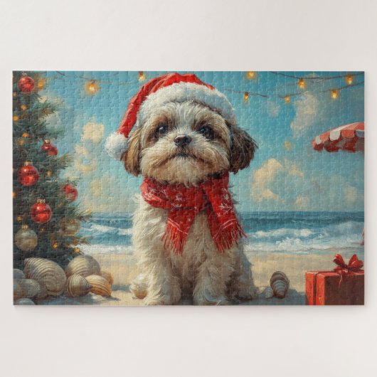 シーズー(犬)ツドッグクリスマスヴィンテージビーチ ジグソーパズル (横)