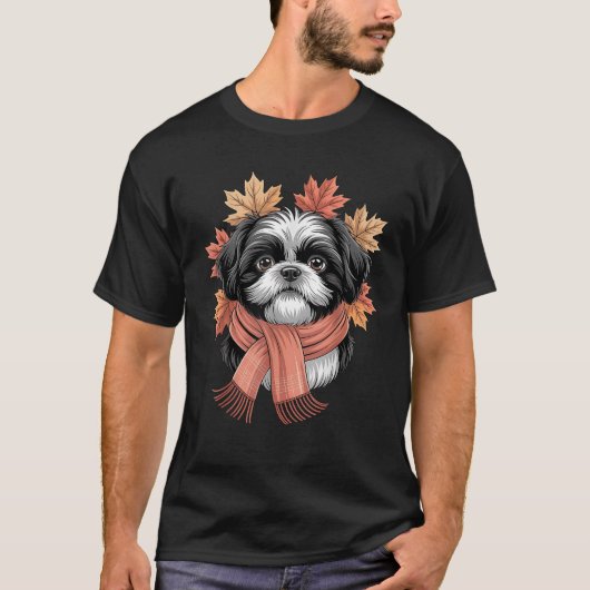 シーズー（犬）ツドッグ秋スカーフ犬紅葉感謝祭 Tシャツ (正面)