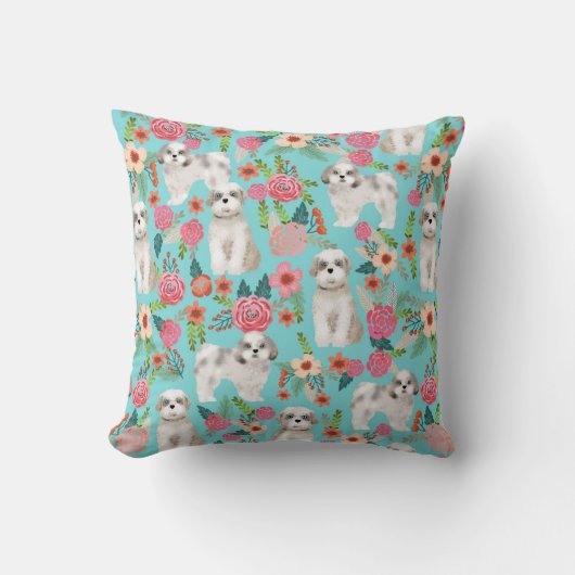 シーズー(犬)ツー花模様ピロードッグデコールかわいい犬 クッション (正面)