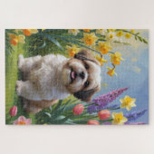 シーズー 犬 春の花の絵画 ジグソーパズル (横)