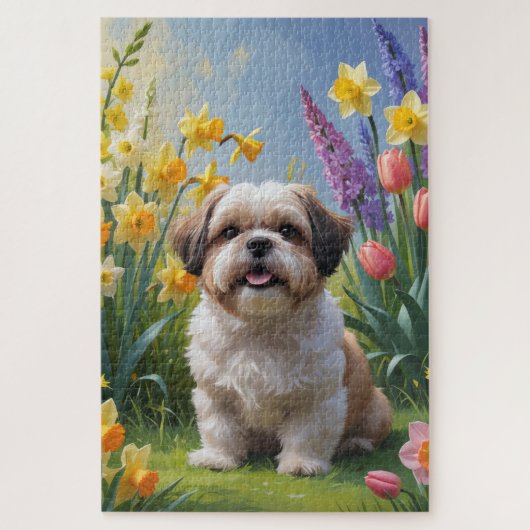 シーズー 犬 春の花の絵画 ジグソーパズル (縦)