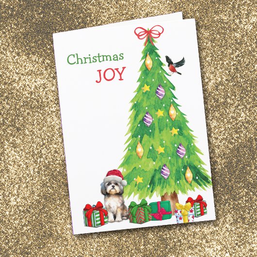 シーズー(犬)豆犬、鳥、クリスマスツリー シーズンカード