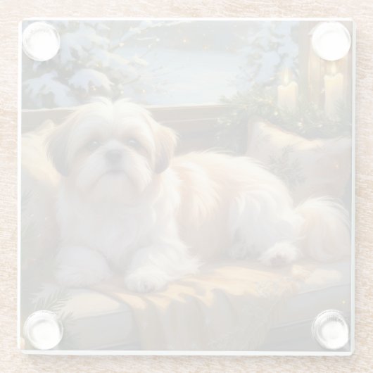シーズー（犬）Tzuとクリスマスライトホリデイ ガラスコースター (裏面)