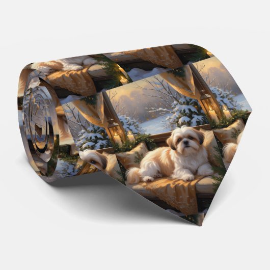 シーズー（犬）Tzuとクリスマスライトホリデイ ネクタイ (ロール)