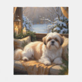 シーズー（犬）Tzuとクリスマスライトホリデイ フリースブランケット (正面)