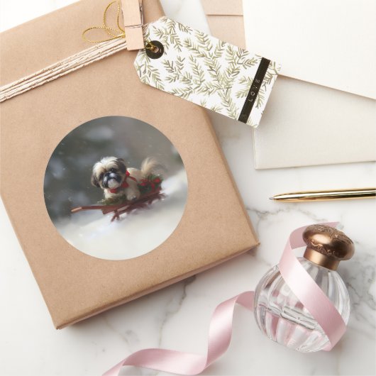 シーズー（犬）Tzuクリスマス雪の冬 ラウンドシール (ギフト)