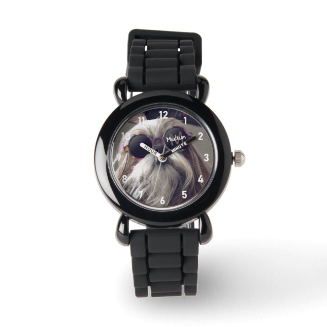 シーズー（犬）Tzuクールヴィンテージレトロ眼鏡フォトモノグラム 腕時計 (正面)