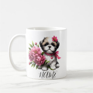 シーズー(犬)Tzuコーヒーマグ – かわいい子犬と花の贈り物 コーヒーマグカップ