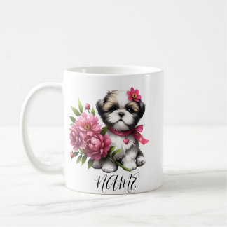 シーズー(犬)Tzuコーヒーマグ – かわいい子犬と花の贈り物 コーヒーマグカップ