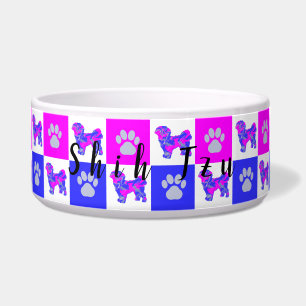 シーズー(犬)Tzuシルエットドッグ&ポーホットピンク&ブルー ボウル