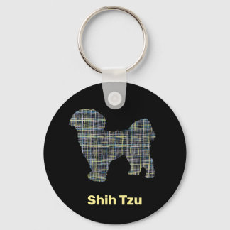 シーズー(犬)Tzuドッグシルエットイエロー&ブラックグリッド線 キーホルダー