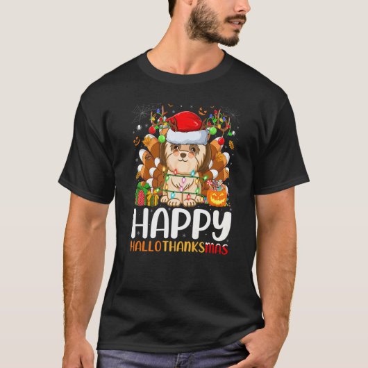 シーズー（犬）Tzuドッグハロウィーンクリスマスハッピーハロ感謝 Tシャツ (正面)
