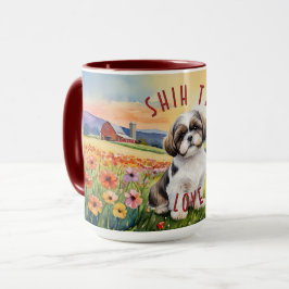 シーズー（犬）Tzu子犬の花フィールドコンボマグカップ マグカップ