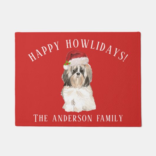 シーズー（犬）tzu長いヘアードッグ幸せハウリデイズクリスマス ドアマット (正面)