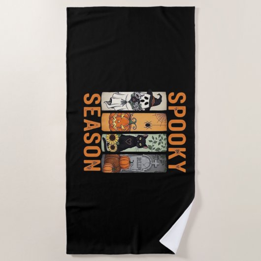 シーズ不気味ン – かわいい幽霊、黒猫、かぼちゃとH ビーチタオル (正面)