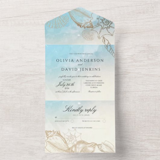 シーズ結婚ンサマーブルー海ビーチ結婚式 オールインワン招待状 (内側)