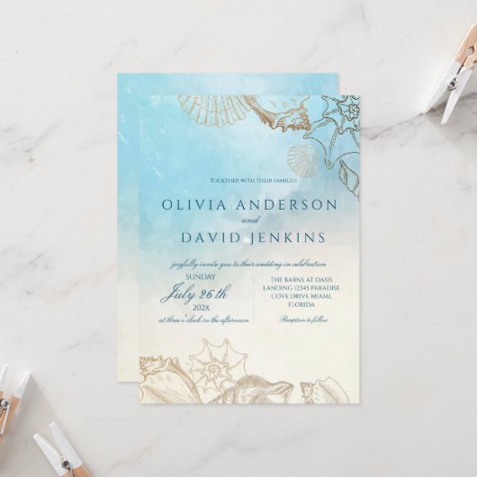 シーズ結婚ンサマーブルー海ビーチ結婚式 招待状 (正面/裏面インサイチュ)