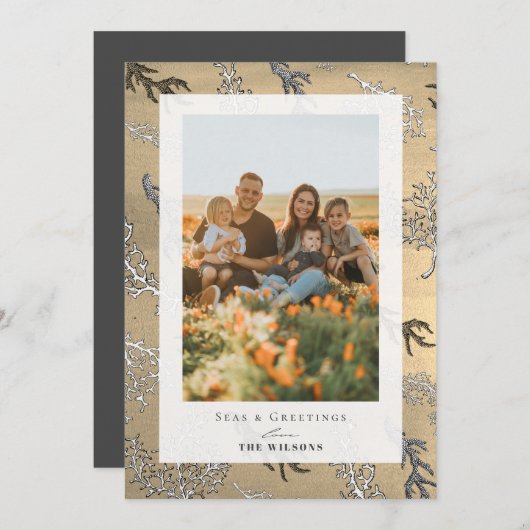 シーズ&グリーティングコーラル金ゴールドホリデーフォトカード 招待状 (正面/裏面)