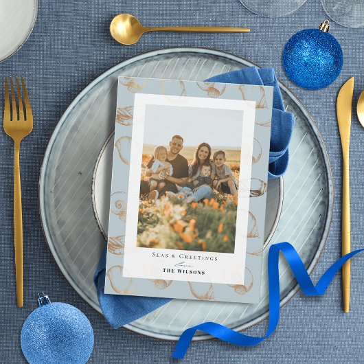 シーズ&グリーティングシーシェルブルーホリデーフォトカード 招待状