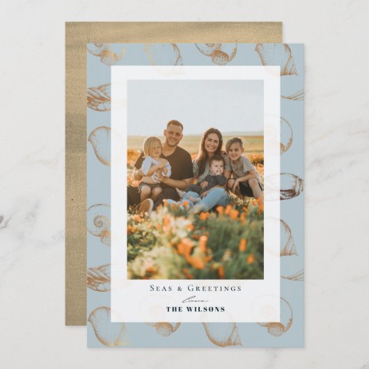 シーズ&グリーティングシーシェルブルーホリデーフォトカード 招待状 (正面/裏面)