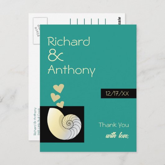 シーセルとハート、ビーチ結婚式ありがとう ポストカード (正面/裏面)