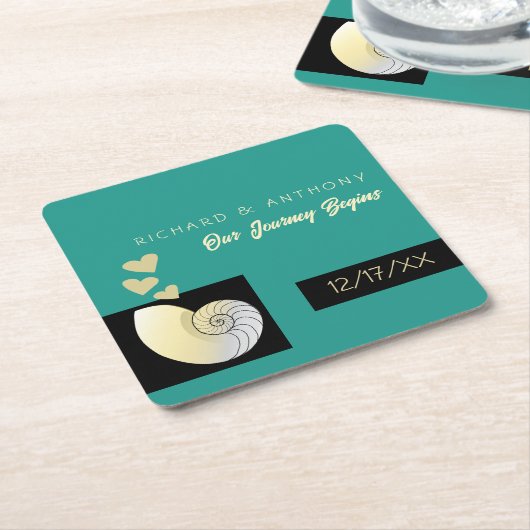 シーセルとハート、ビーチ結婚式 スクエアペーパーコースター (アングル)