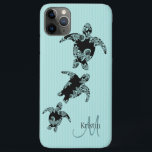 シータートルアクアストライプウィズモノグラム iPhone 11 PRO MAXケース<br><div class="desc">装飾ウミガメのシルエットダマスクスタイルデザインライトアクアの上ストライプにモノグラムと名カスタム前のアクア。</div>