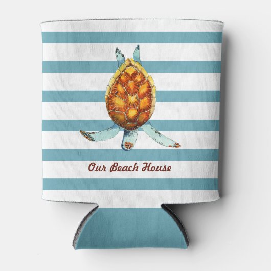 シータートルウアビーチハウスオンダークアクアストライプズ 缶クーラー (正面)