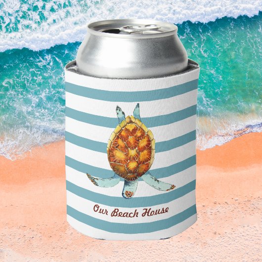 シータートルウアビーチハウスオンダークアクアストライプズ 缶クーラー