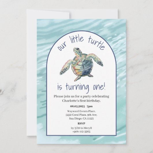 シータートルウォーターカラー誕生日招待状 招待状 (正面)