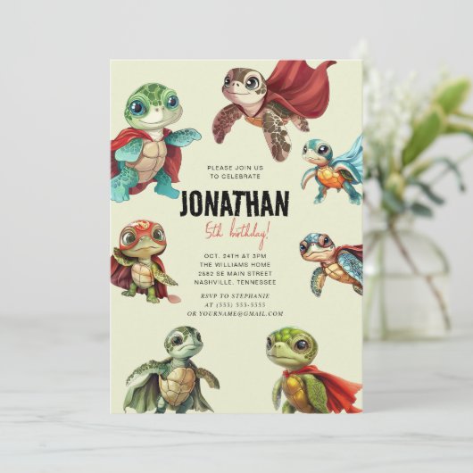 シータートルスーパーヒーロー子供の誕生日 招待状 (スタンド正面)