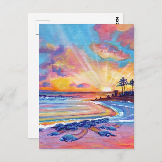シータートルズアットポイプビーチカウアイアットサンセット ポストカード (正面/裏面)