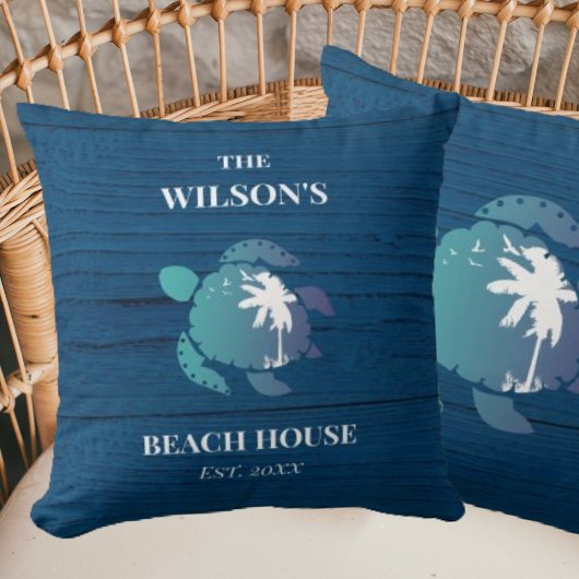 シータートルネイビーブルーウッドファミリーネームビーチハウス クッション