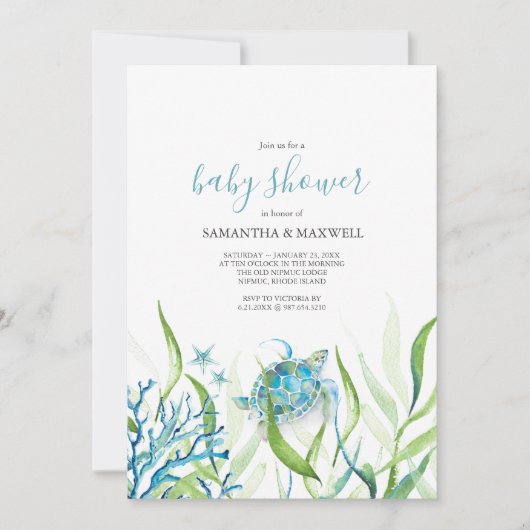 シータートルブルーとグリーンベビーシャワー招待状 招待状 (正面)