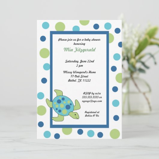 シータートルベビーシャワーまたは誕生日パーティー招待状 招待状 (スタンド正面)