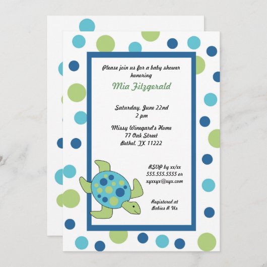 シータートルベビーシャワーまたは誕生日パーティー招待状 招待状 (正面/裏面)