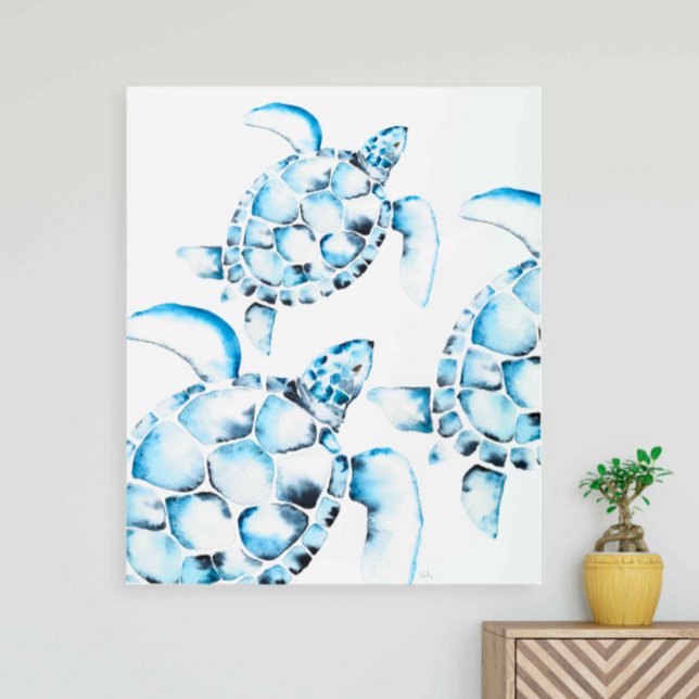 シータートルメタルウォールアートビーチデコールブルー メタルプリント (metal wall art blue sea turtles beach decor watercolor art Victoria Grigaliunas of Do Tell A Belle)