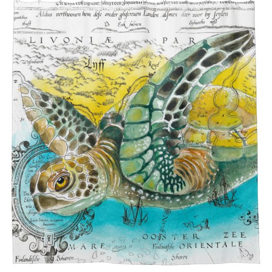 シータートル水彩ヴィンテージマップ（白） シャワーカーテン (正面)