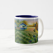シーダー·ワックスウィング·バード·ブルーベリー·ファーム水彩画 ツートーンマグカップ (正面右)