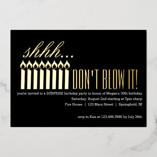シーッ…やめ吹ろ！サプライズ誕生日 箔招待状 (正面)