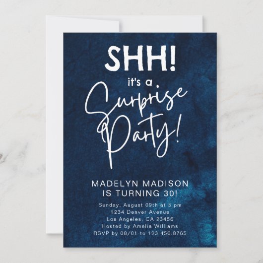 シーッ！サプライズバースデーパーティー海軍ブルーウォーター色 招待状 (正面)