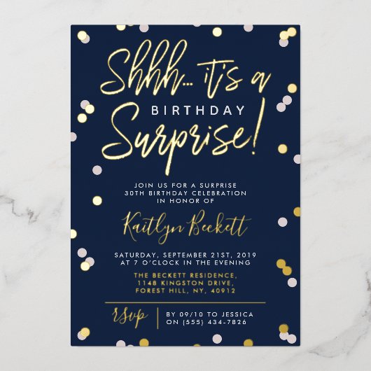 シーッ…サプライズバースデーパーティー紙吹雪実在& 箔招待状 (正面)