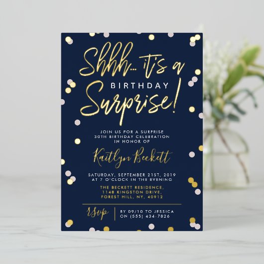 シーッ…サプライズバースデーパーティー紙吹雪実在& 箔招待状 (立ち正面)