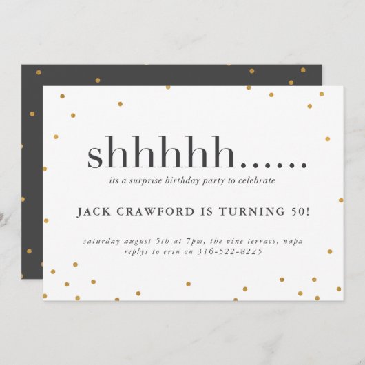 シーッ、サプライズ誕生日パーティー招待 招待状 (正面/裏面)
