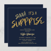 シーッ!サプライズ50誕生日金ゴールドブルー 招待状 (正面/裏面)