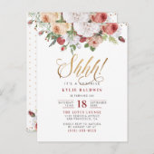 シーッ!金ゴールドグリッタースクリプトサプライズ誕生日パーティー インビテーションポストカード (正面/裏面)